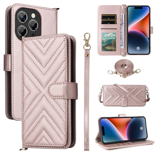 For Oukitel P1 Wallet Case with Shoulder / Wrist Strap Leather Phone Cover Stand - Pink - 1