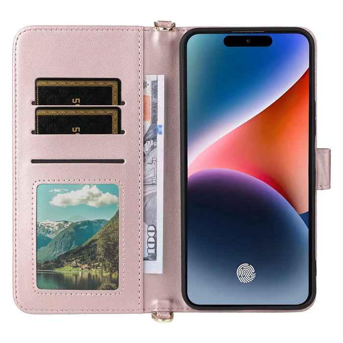 For Oukitel P1 Wallet Case with Shoulder / Wrist Strap Leather Phone Cover Stand - Pink - 4