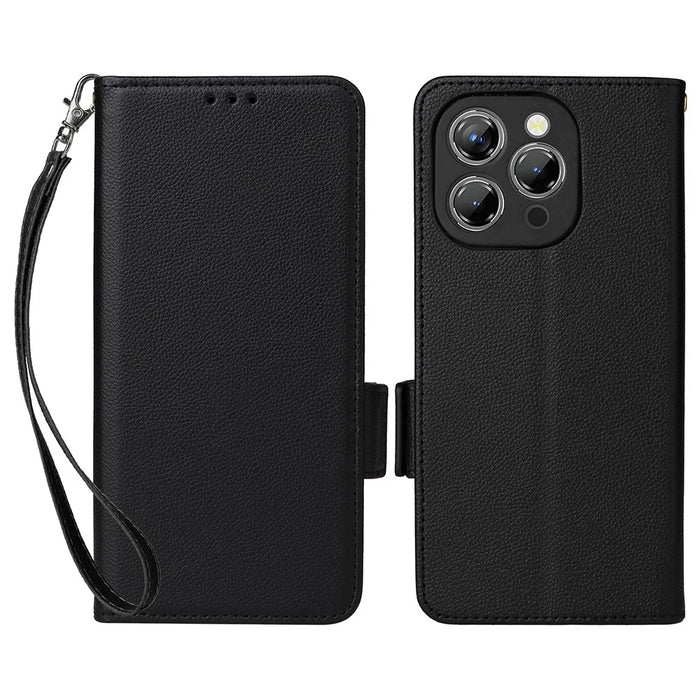 For Oukitel P1 Case with Wrist Strap Litchi Texture PU Leather Wallet Phone Cover - Black - 1