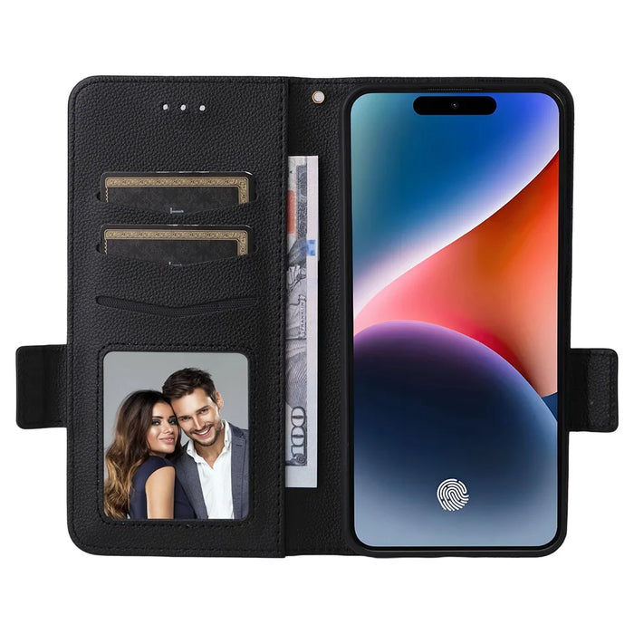 For Oukitel P1 Case with Wrist Strap Litchi Texture PU Leather Wallet Phone Cover - Black - 2