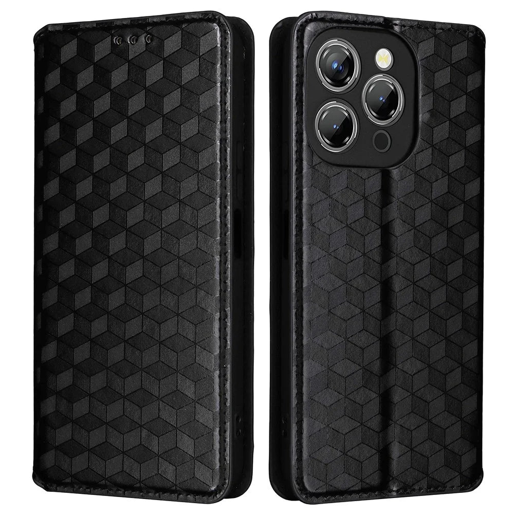 For Oukitel P1 Wallet Case Rhombus Imprinted Leather Phone Cover - Black - 1