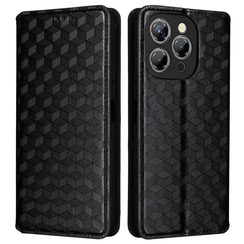 For Oukitel P1 Wallet Case Rhombus Imprinted Leather Phone Cover - Black - 1