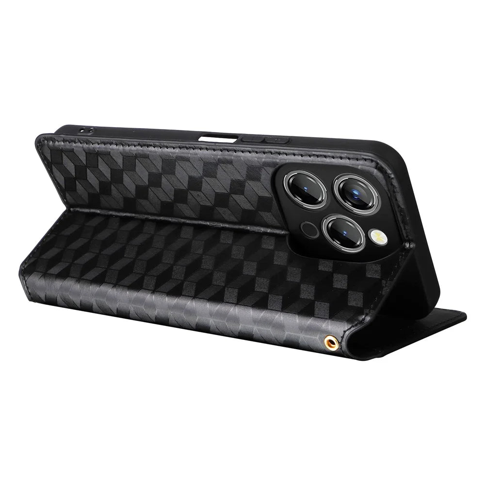 For Oukitel P1 Wallet Case Rhombus Imprinted Leather Phone Cover - Black - 5