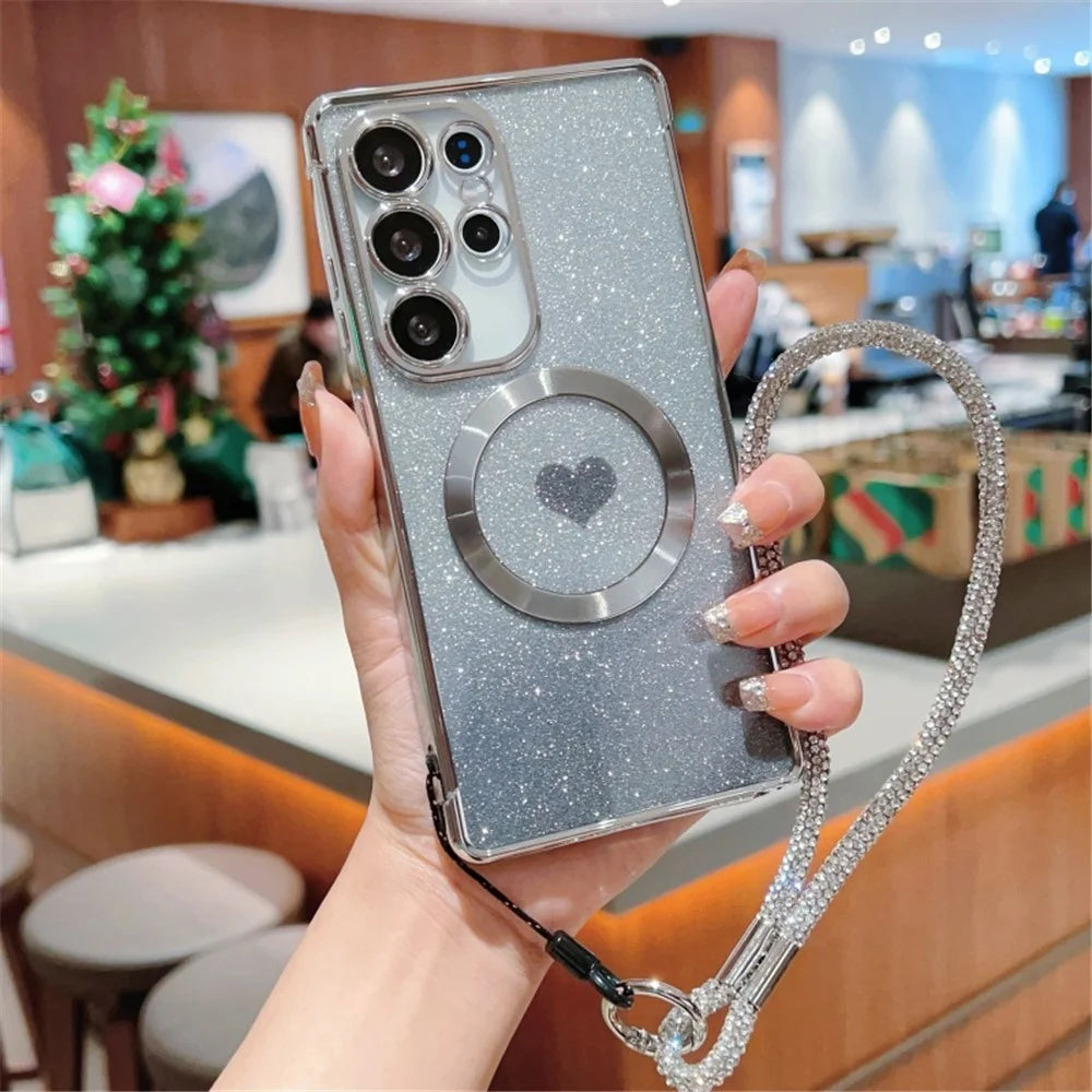 For Samsung Galaxy S25 Ultra Magnetic Case TPU Phone Cover with Strap Heart Gradient Sparkle - Silver - 1
