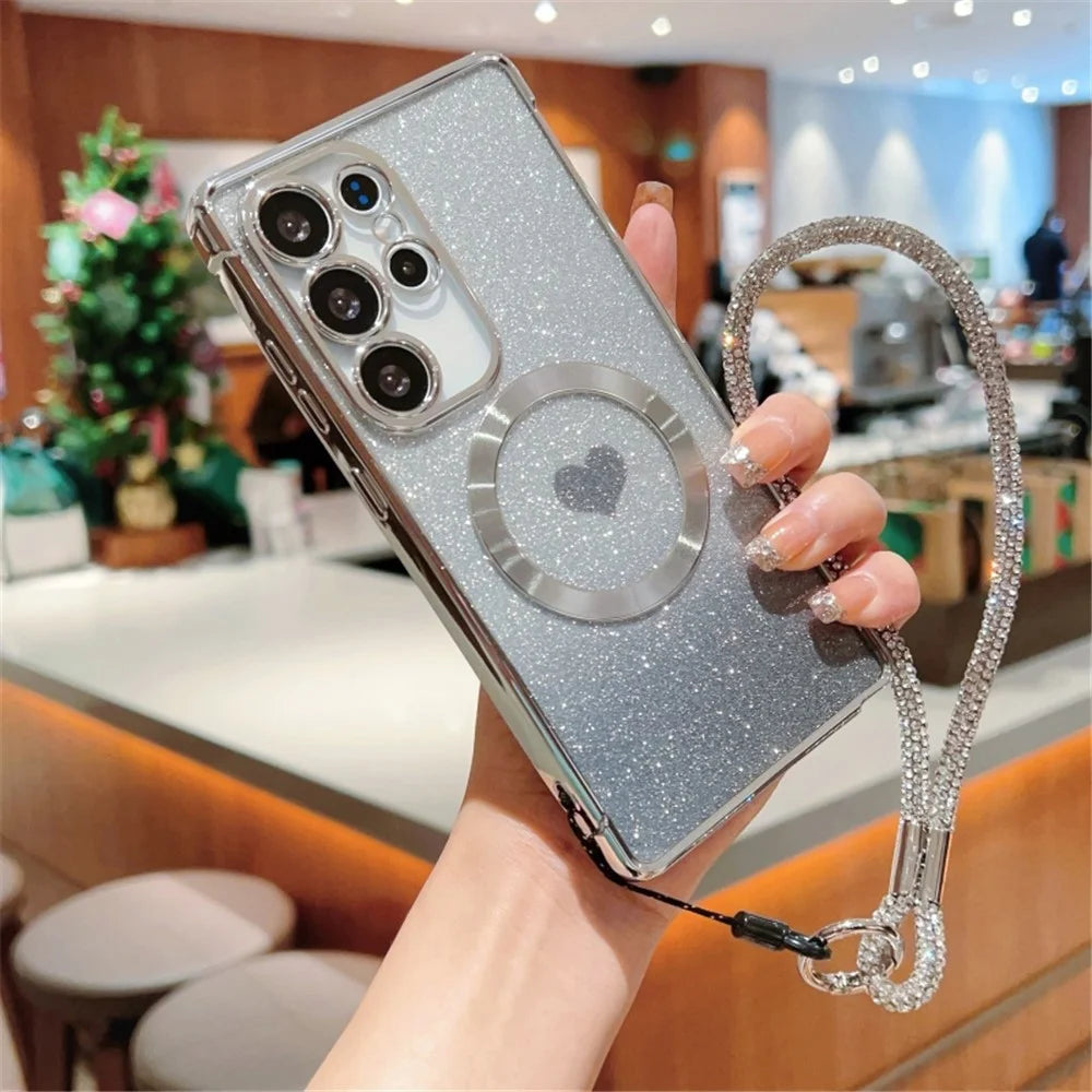 For Samsung Galaxy S25 Ultra Magnetic Case TPU Phone Cover with Strap Heart Gradient Sparkle - Silver - 2