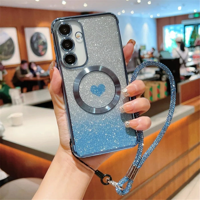 For Samsung Galaxy S25+ Magnetic Case TPU Phone Cover with Strap Heart Gradient Sparkle - Blue - 1