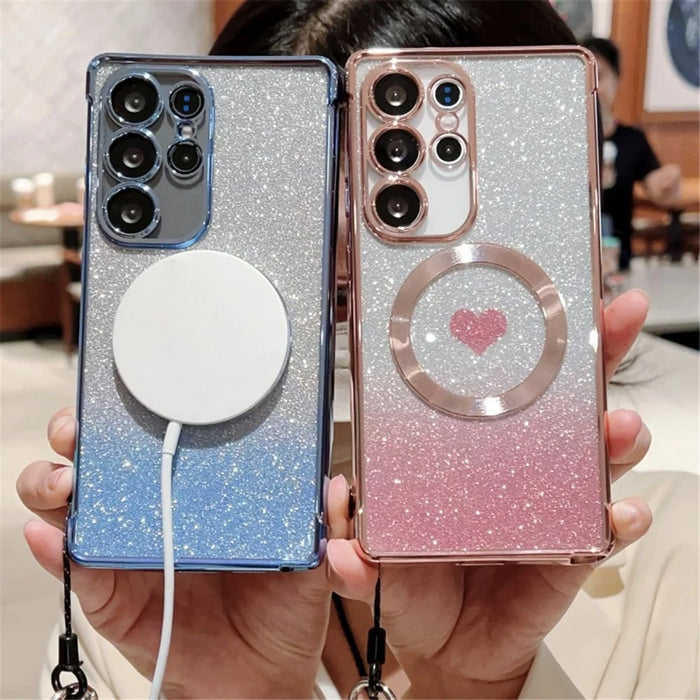 For Samsung Galaxy S25+ Magnetic Case TPU Phone Cover with Strap Heart Gradient Sparkle - Blue - 2