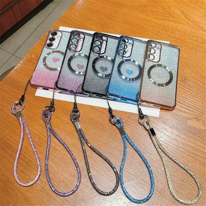For Samsung Galaxy S25+ Magnetic Case TPU Phone Cover with Strap Heart Gradient Sparkle - Blue - 4