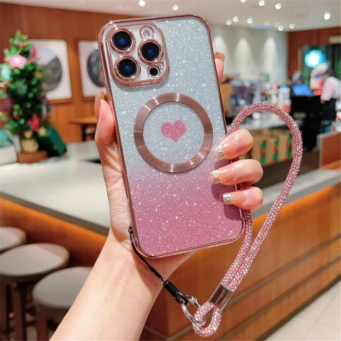 For iPhone 16 Pro Max Case Compatible with MagSafe TPU Phone Cover with Strap Heart Gradient Sparkle - Rose Pink - 1