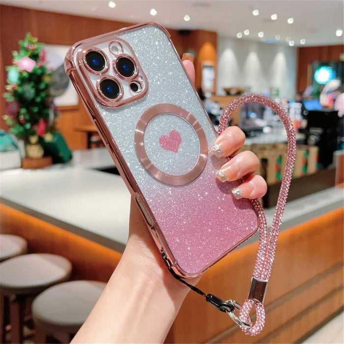 For iPhone 16 Pro Max Case Compatible with MagSafe TPU Phone Cover with Strap Heart Gradient Sparkle - Rose Pink - 2