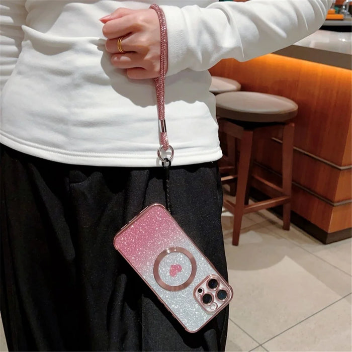 For iPhone 16 Pro Max Case Compatible with MagSafe TPU Phone Cover with Strap Heart Gradient Sparkle - Rose Pink - 5