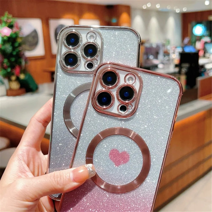 For iPhone 16 Pro Max Case Compatible with MagSafe TPU Phone Cover with Strap Heart Gradient Sparkle - Rose Pink - 6