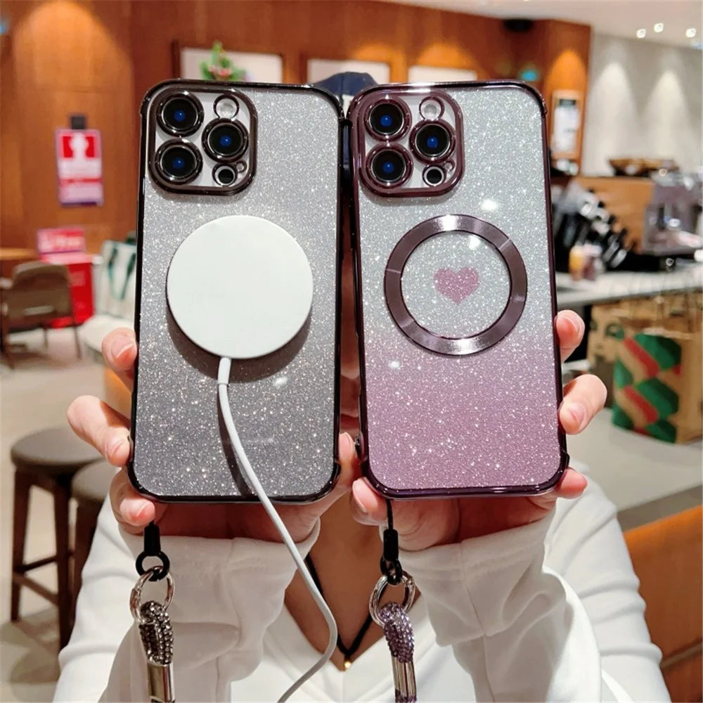 For iPhone 16 Case Compatible with MagSafe TPU Phone Cover with Strap Heart Gradient Sparkle - Dark Purple - 2