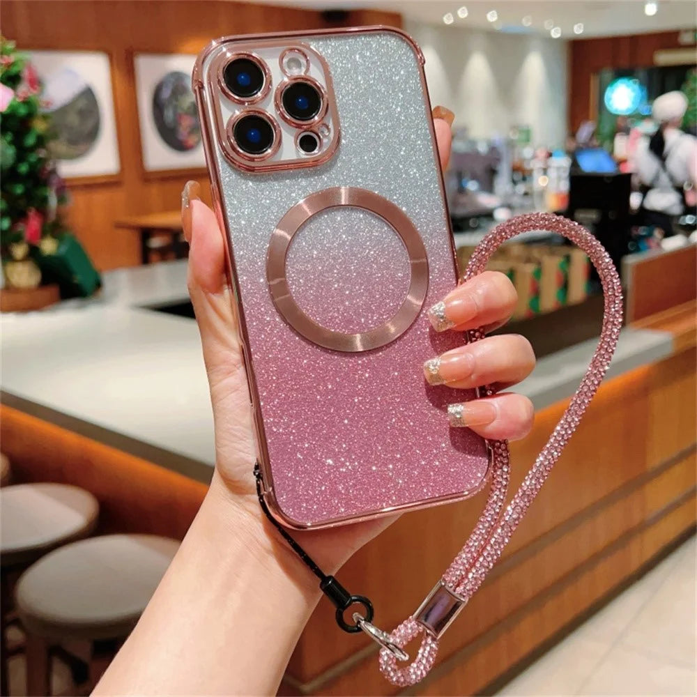 For iPhone 16 Pro Max Case Compatible with MagSafe Electroplated Gradient Glitter Phone Cover with Lanyard - Rose Pink - 1