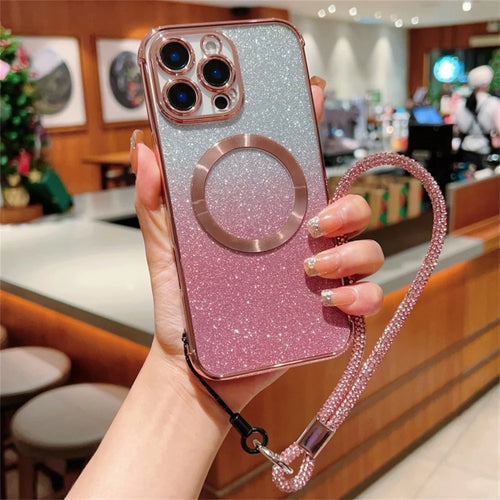 For iPhone 16 Pro Max Case Compatible with MagSafe Electroplated Gradient Glitter Phone Cover with Lanyard - Rose Pink - 1