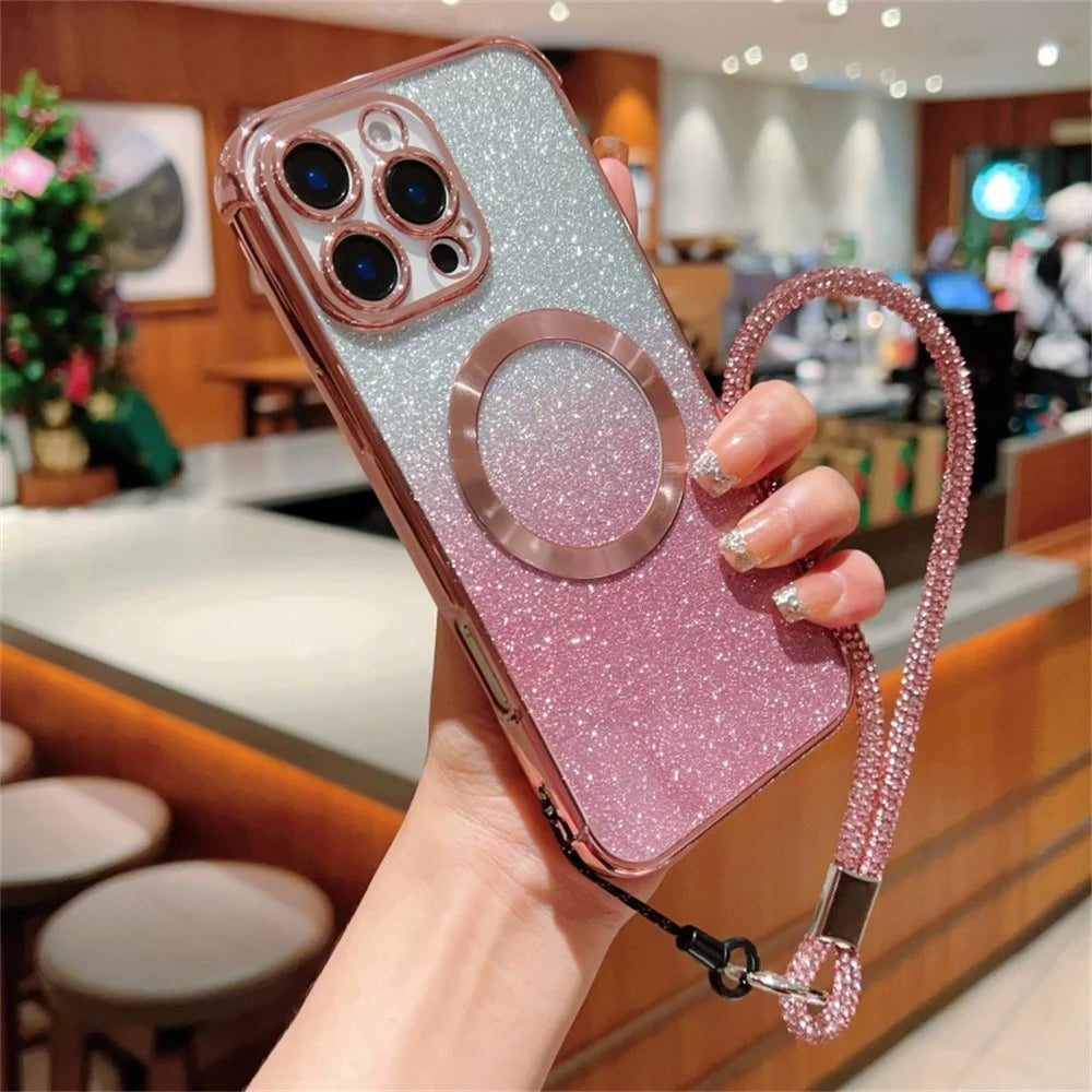 For iPhone 16 Pro Max Case Compatible with MagSafe Electroplated Gradient Glitter Phone Cover with Lanyard - Rose Pink - 2