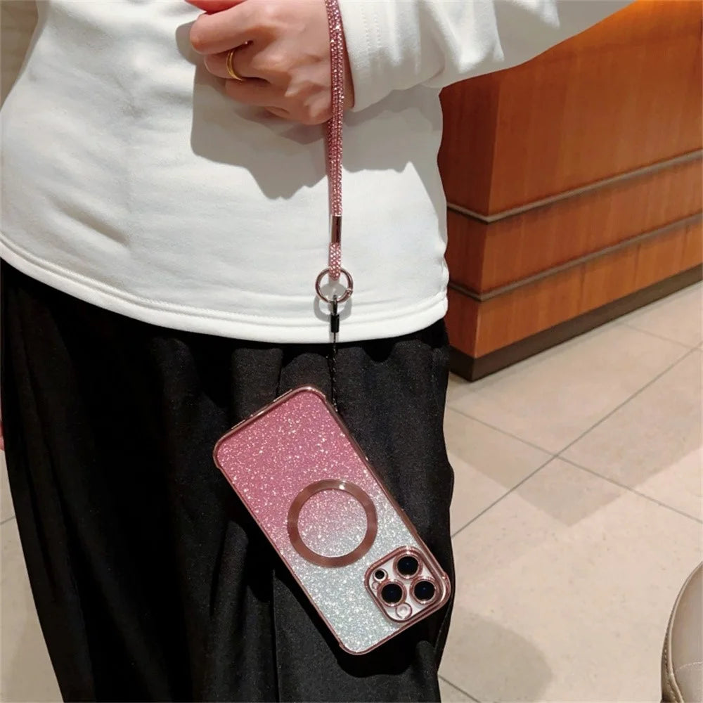 For iPhone 16 Pro Max Case Compatible with MagSafe Electroplated Gradient Glitter Phone Cover with Lanyard - Rose Pink - 3