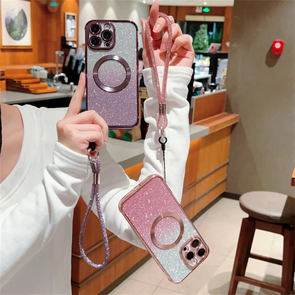 For iPhone 16 Pro Max Case Compatible with MagSafe Electroplated Gradient Glitter Phone Cover with Lanyard - Rose Pink - 4