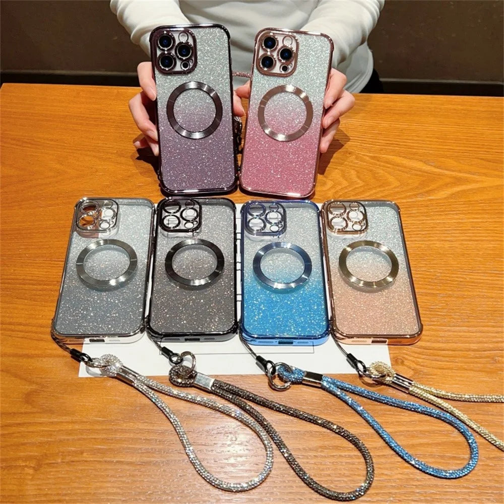 For iPhone 16 Pro Max Case Compatible with MagSafe Electroplated Gradient Glitter Phone Cover with Lanyard - Rose Pink - 5