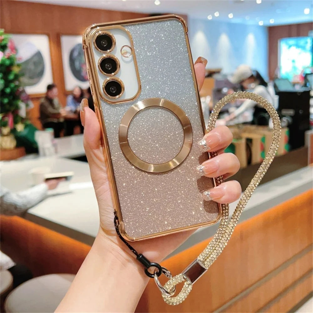 For Samsung Galaxy S25 Magnetic Case Electroplated Gradient Glitter Phone Cover with Lanyard - Gold - 1