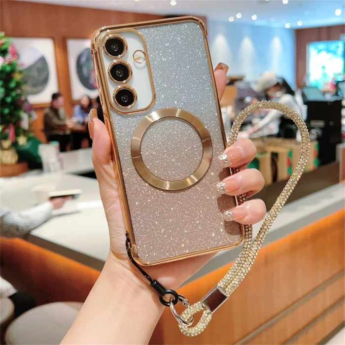 For Samsung Galaxy S25 Magnetic Case Electroplated Gradient Glitter Phone Cover with Lanyard - Gold - 1