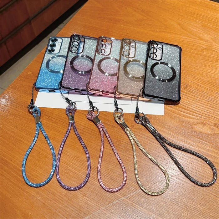 For Samsung Galaxy S25 Magnetic Case Electroplated Gradient Glitter Phone Cover with Lanyard - Gold - 4