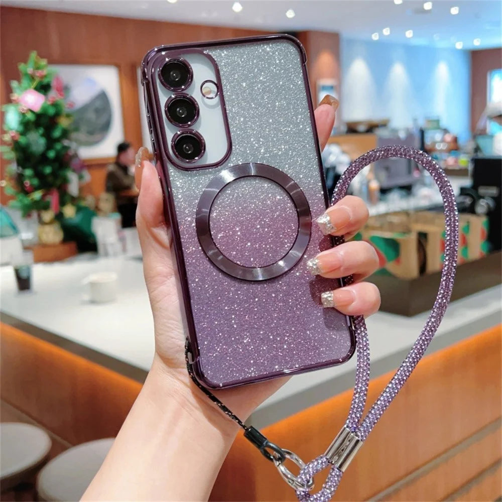 For Samsung Galaxy S25+ Magnetic Case Electroplated Gradient Glitter Phone Cover with Lanyard - Dark Purple - 1