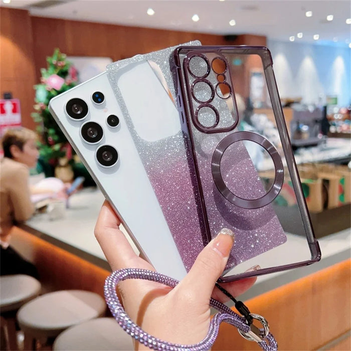 For Samsung Galaxy S25+ Magnetic Case Electroplated Gradient Glitter Phone Cover with Lanyard - Dark Purple - 2