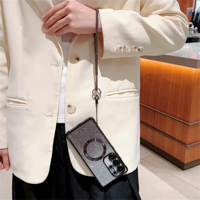 For Samsung Galaxy S25 Ultra Magnetic Case Electroplated Gradient Glitter Phone Cover with Lanyard - Black - 3