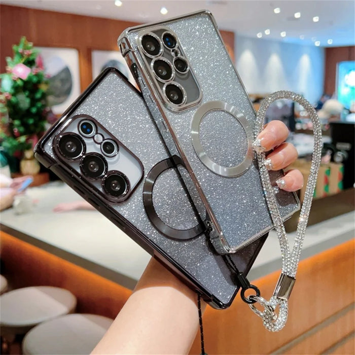 For Samsung Galaxy S25 Ultra Magnetic Case Electroplated Gradient Glitter Phone Cover with Lanyard - Black - 4