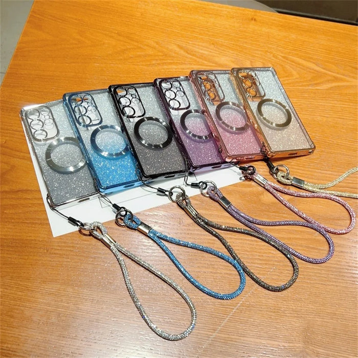 For Samsung Galaxy S25 Ultra Magnetic Case Electroplated Gradient Glitter Phone Cover with Lanyard - Black - 5