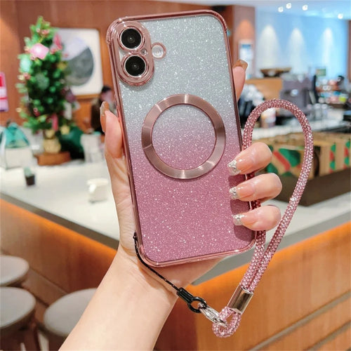 For iPhone 16 Case Compatible with MagSafe Electroplated Gradient Glitter Phone Cover with Lanyard - Rose Pink - 1