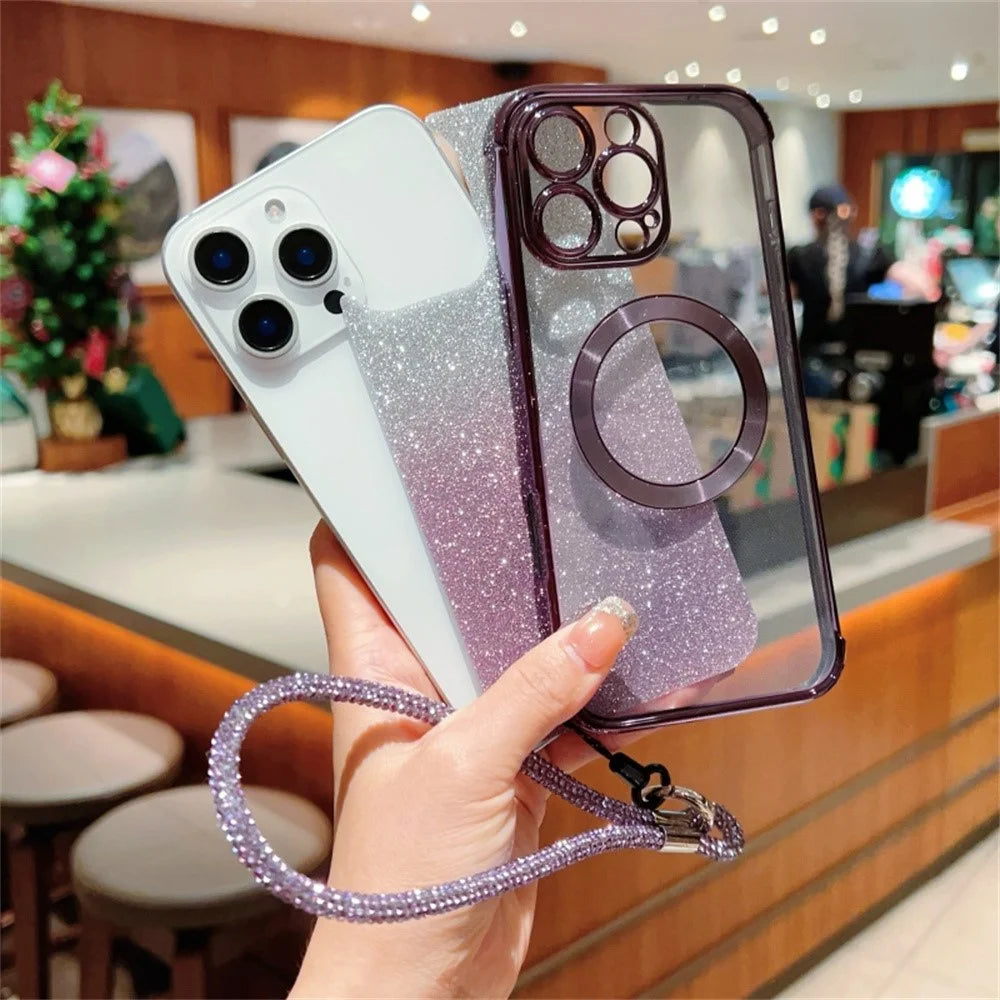 For iPhone 16 Case Compatible with MagSafe Electroplated Gradient Glitter Phone Cover with Lanyard - Rose Pink - 2