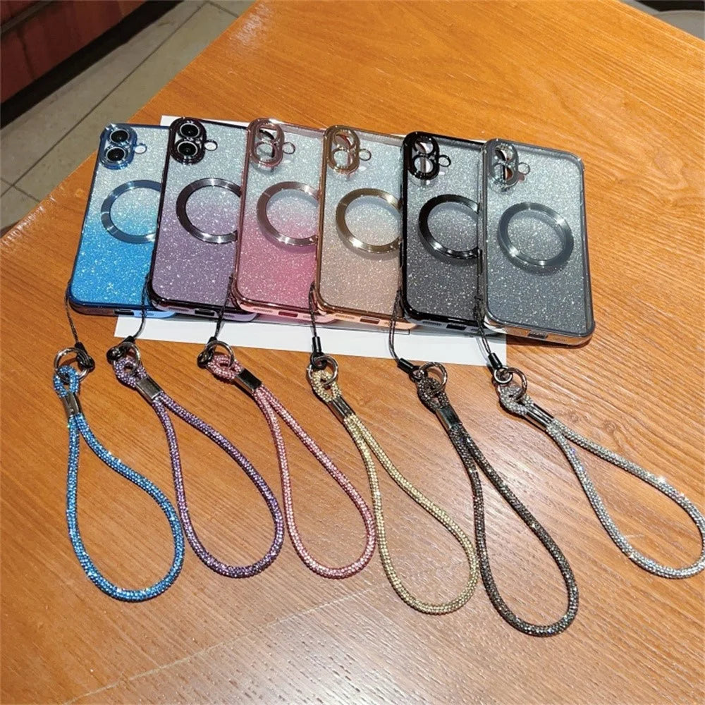 For iPhone 16 Case Compatible with MagSafe Electroplated Gradient Glitter Phone Cover with Lanyard - Rose Pink - 4