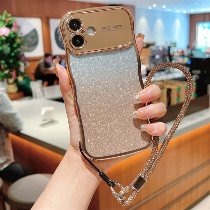 For iPhone 16 Case with Strap Gradient Glitter Electroplating TPU Phone Cover - Gold - 1
