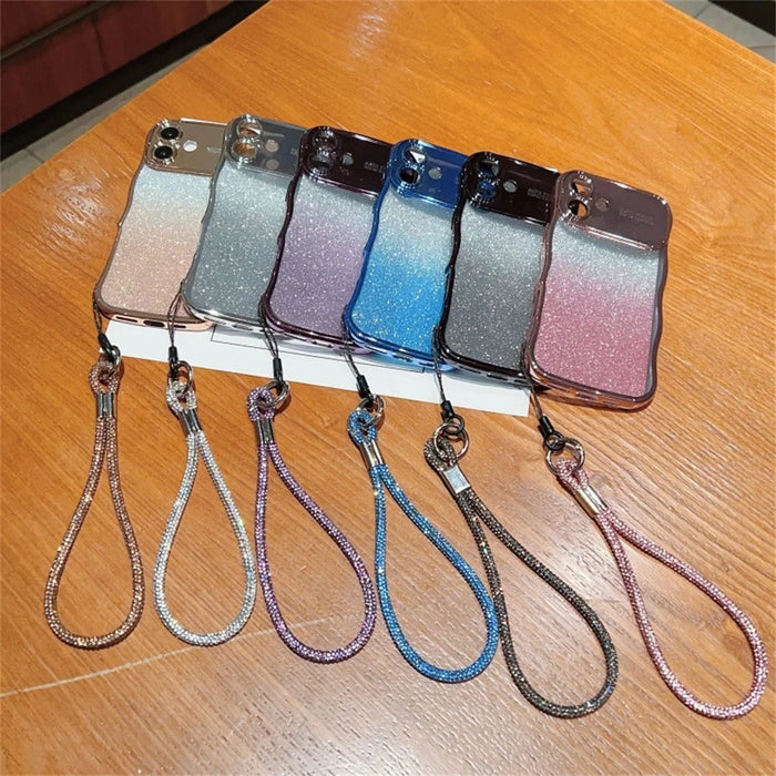 For iPhone 16 Case with Strap Gradient Glitter Electroplating TPU Phone Cover - Gold - 2