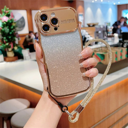 For iPhone 16 Pro Max Case with Strap Gradient Glitter Electroplating TPU Phone Cover - Gold - 1