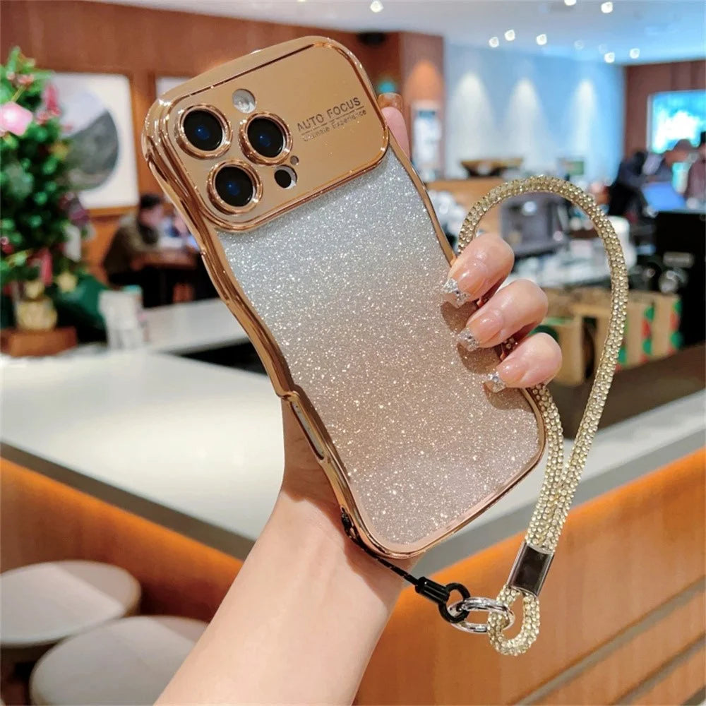 For iPhone 16 Pro Max Case with Strap Gradient Glitter Electroplating TPU Phone Cover - Gold - 2