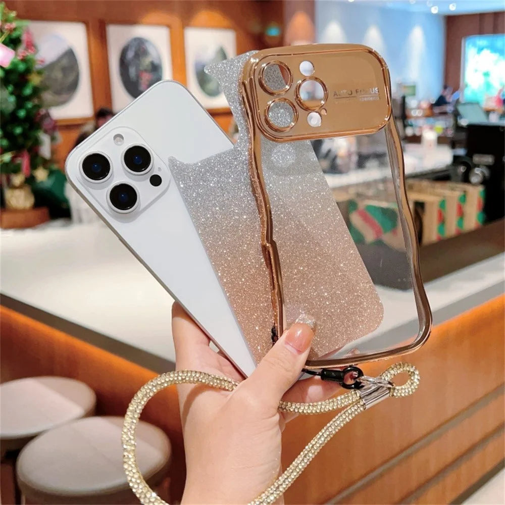 For iPhone 16 Pro Max Case with Strap Gradient Glitter Electroplating TPU Phone Cover - Gold - 4