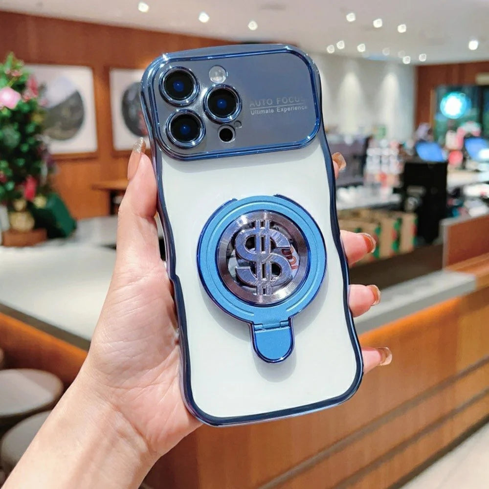 For iPhone 16 Pro Max Case TPU Clear Case Dollar Pattern Kickstand Phone Cover Wave Frame - Blue - 1