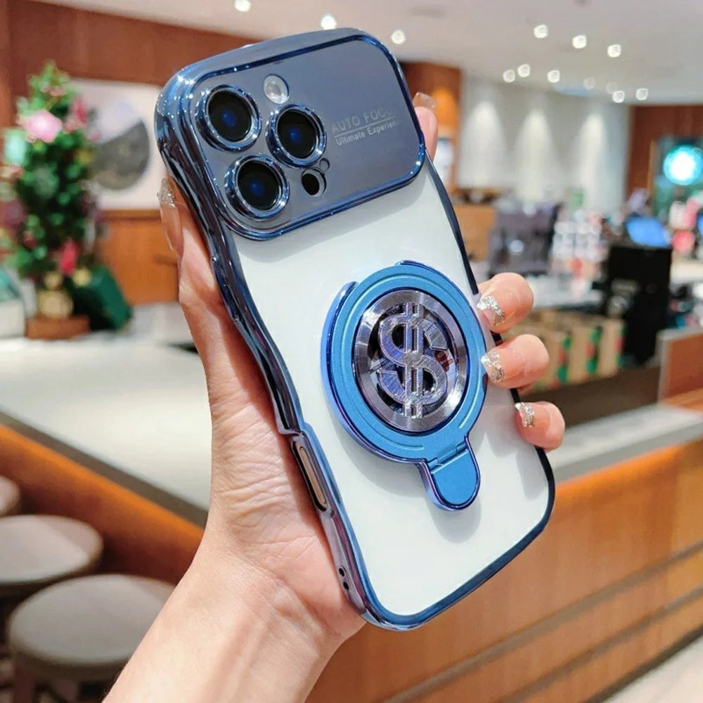 For iPhone 16 Pro Max Case TPU Clear Case Dollar Pattern Kickstand Phone Cover Wave Frame - Blue - 2