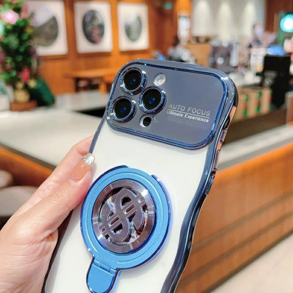 For iPhone 16 Pro Max Case TPU Clear Case Dollar Pattern Kickstand Phone Cover Wave Frame - Blue - 4