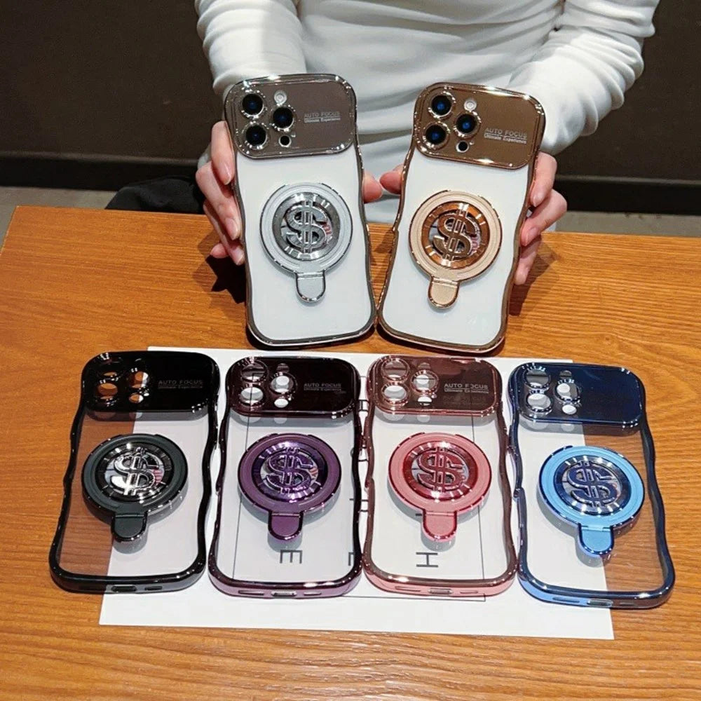 For iPhone 16 Pro Max Case TPU Clear Case Dollar Pattern Kickstand Phone Cover Wave Frame - Blue - 7