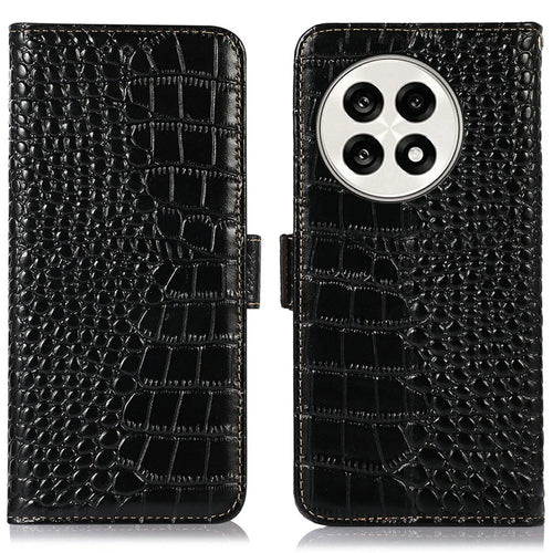 Genuine Cow Leather Phone Case for OnePlus Ace 5 Pro 5G / Ace 5 5G / 13R 5G Crocodile Texture Phone Wallet Cover - Black - 1