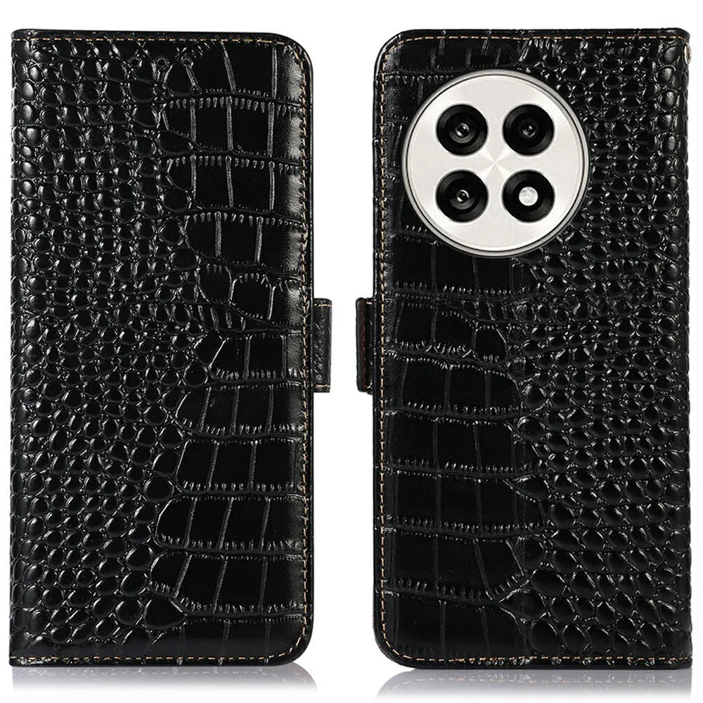 Genuine Cow Leather Phone Case for OnePlus Ace 5 Pro 5G / Ace 5 5G / 13R 5G Crocodile Texture Phone Wallet Cover - Black - 1
