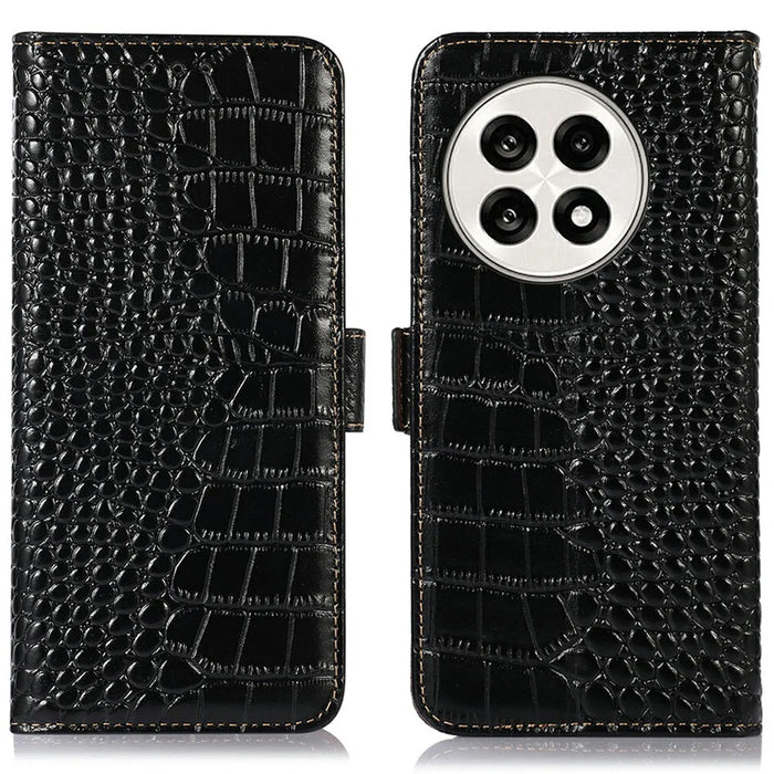 Genuine Cow Leather Phone Case for OnePlus Ace 5 Pro 5G / Ace 5 5G / 13R 5G Crocodile Texture Phone Wallet Cover - Black - 1