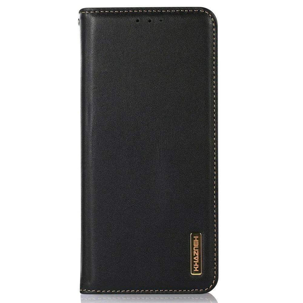 KHAZNEH Genuine Cow Leather Wallet Case for OnePlus Ace 5 Pro 5G / Ace 5 5G / 13R 5G Nappa Texture Phone Cover - Black - 6