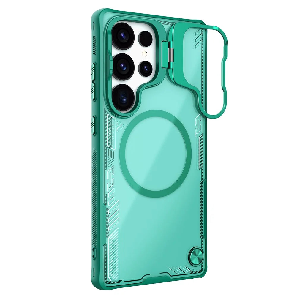 NILLKIN Iceblade CamProp For Samsung Galaxy S25 Ultra Magnetic Case Lens Frame Kickstand PC + TPU Phone Cover - Green - 1