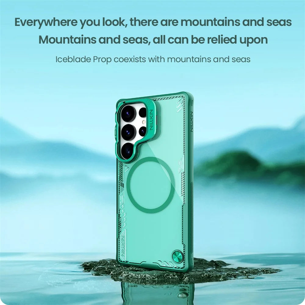 NILLKIN Iceblade CamProp For Samsung Galaxy S25 Ultra Magnetic Case Lens Frame Kickstand PC + TPU Phone Cover - Green - 6