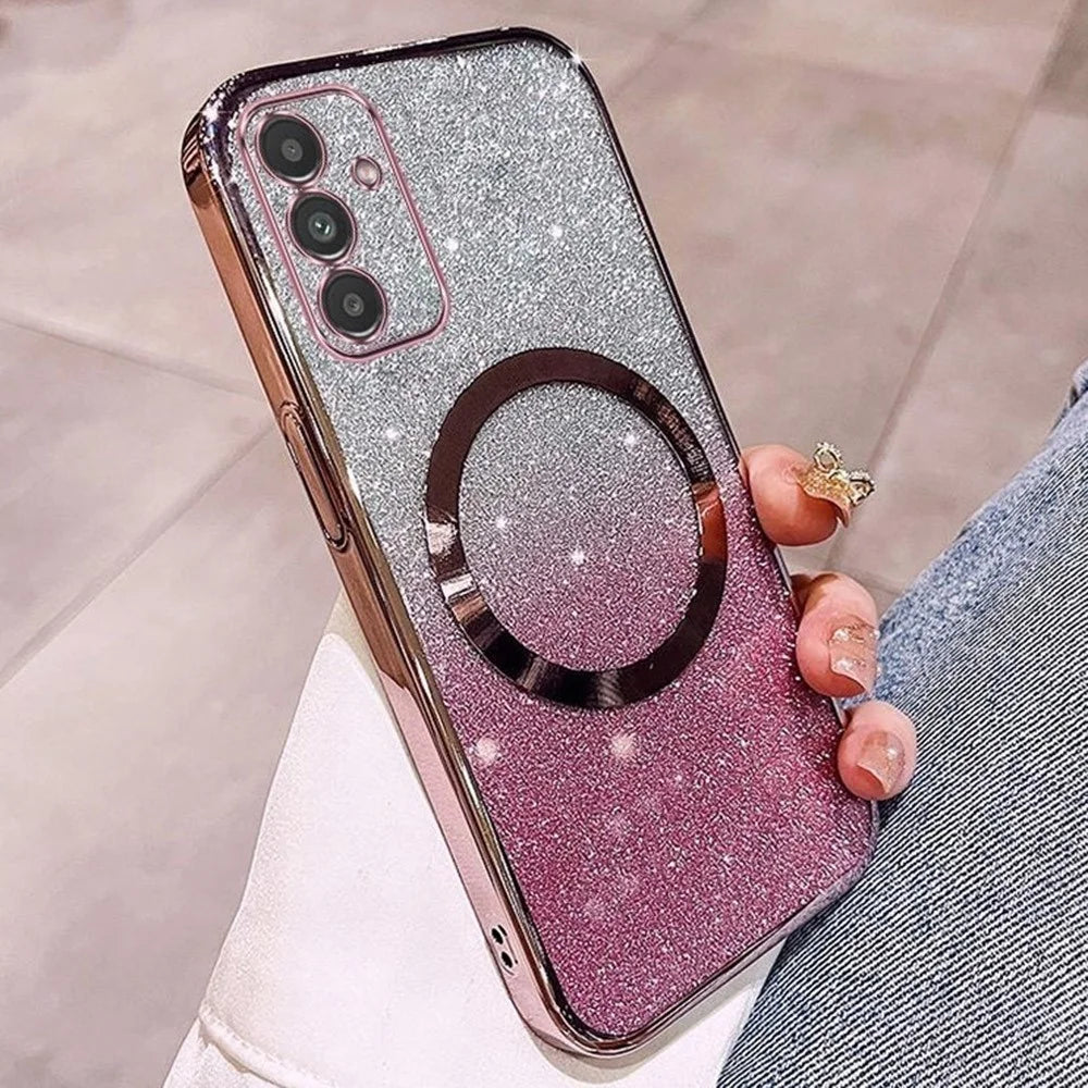 For Samsung Galaxy S24+ Magnetic Case Electroplated Gradient Glitter TPU Phone Cover - Rose Gold - 1